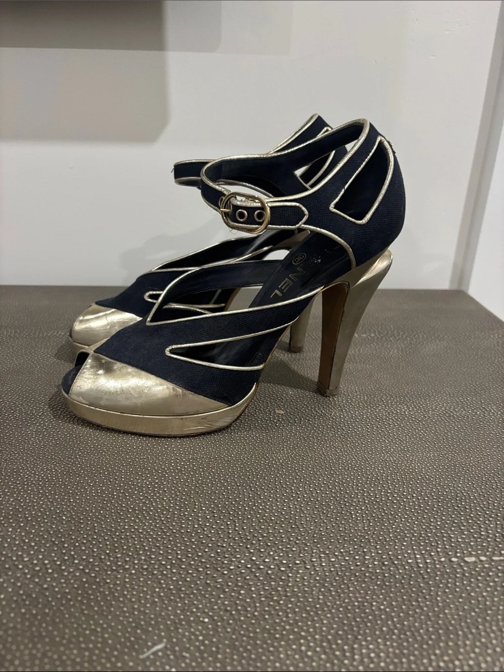 CHANEL Black and Gold Peep-Toe Platform Heels with Ankle Strap